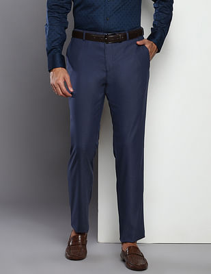 Buy Men Khaki Slim Fit Solid Flat Front Formal Trousers Online