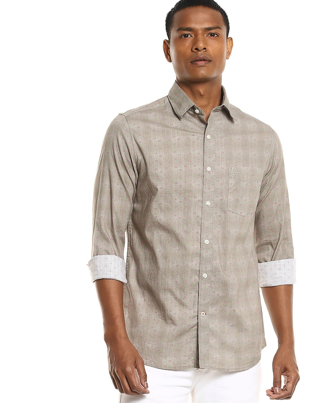 Light Olive Printed Cotton Casual Shirt 