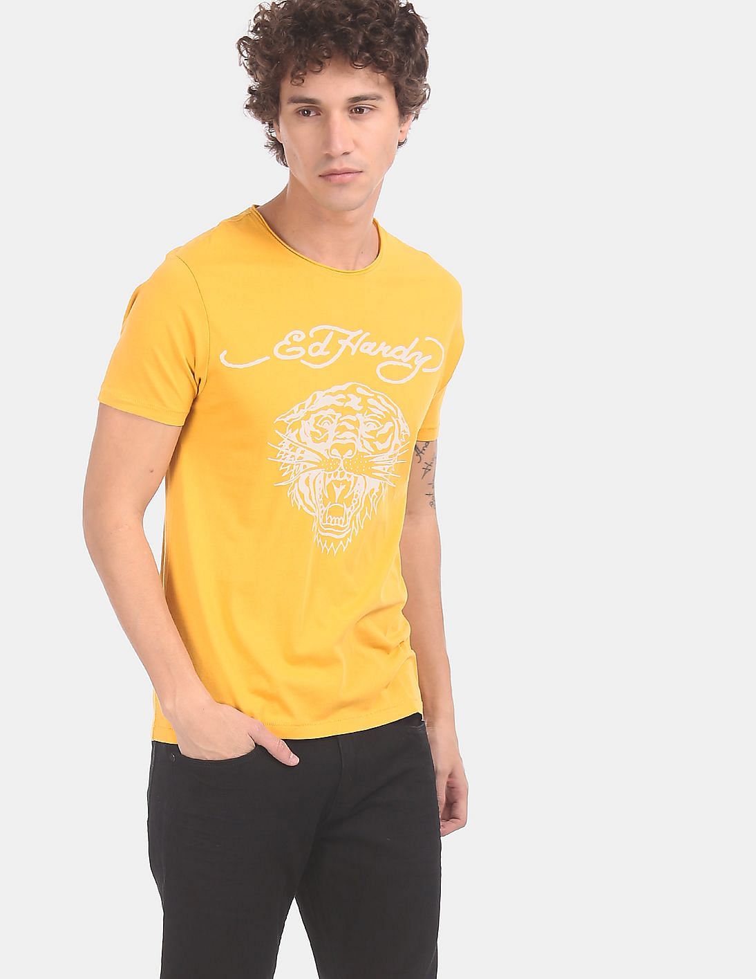 Buy Ed Hardy Yellow Brand Print Crew Neck T-Shirt - NNNOW.com