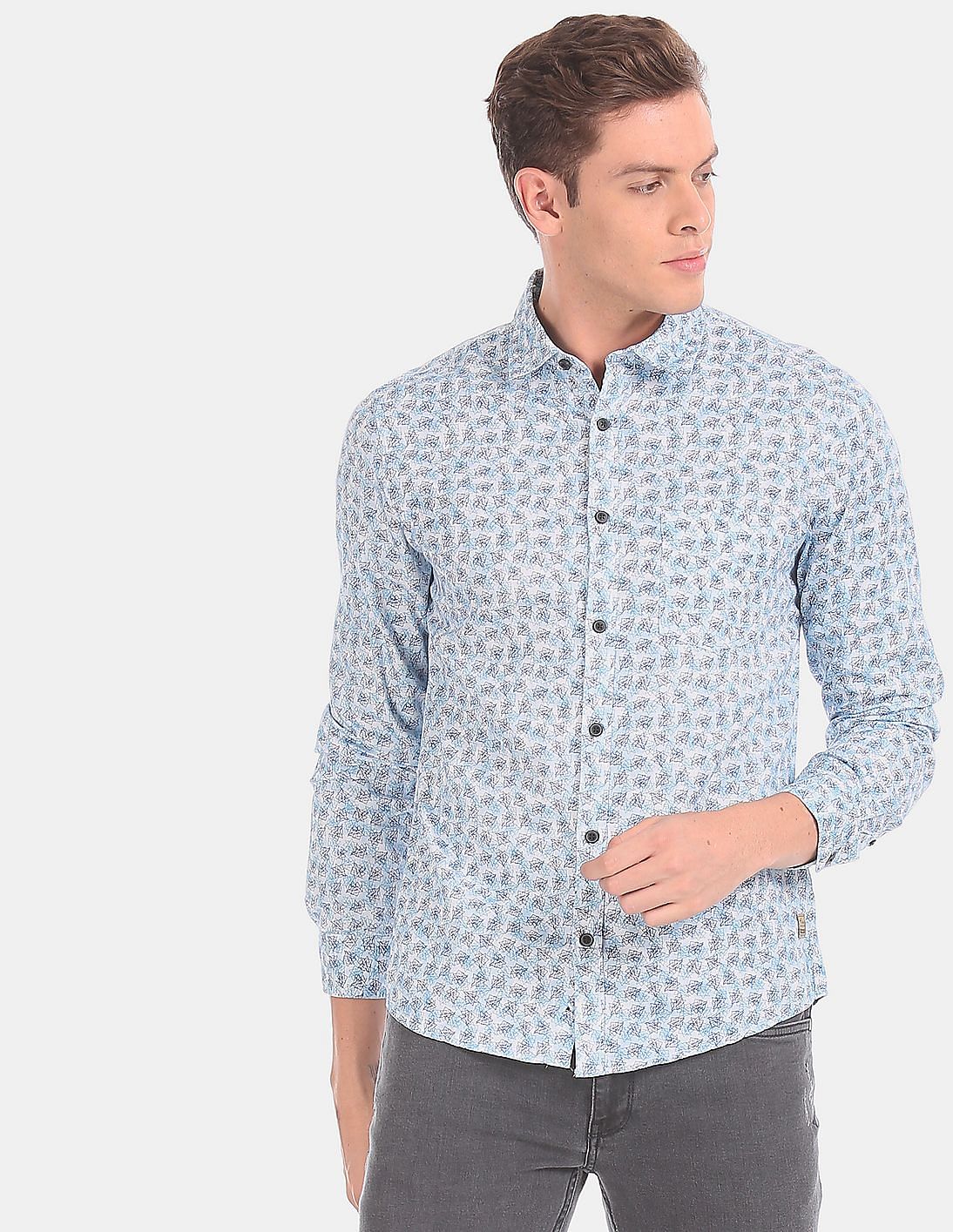 Buy Newport Men Men Blue Rounded Cuff Allover Print Casual Shirt ...