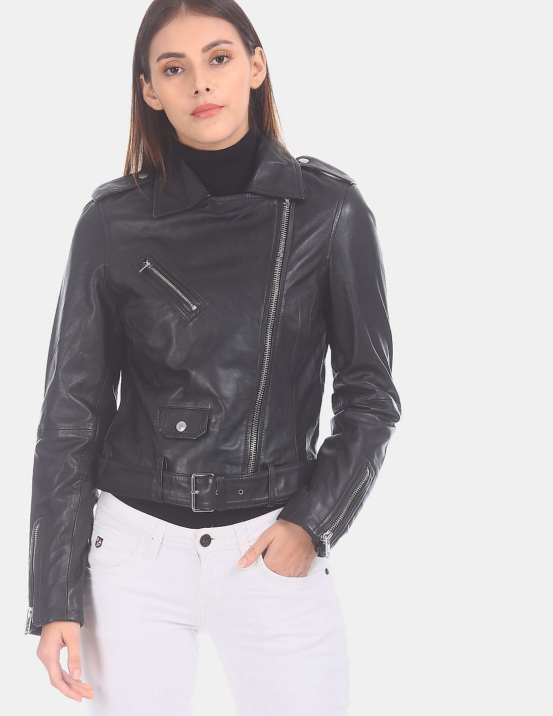 Buy Calvin Klein Women Black Solid Belted Hemline Leather Biker Jacket ...