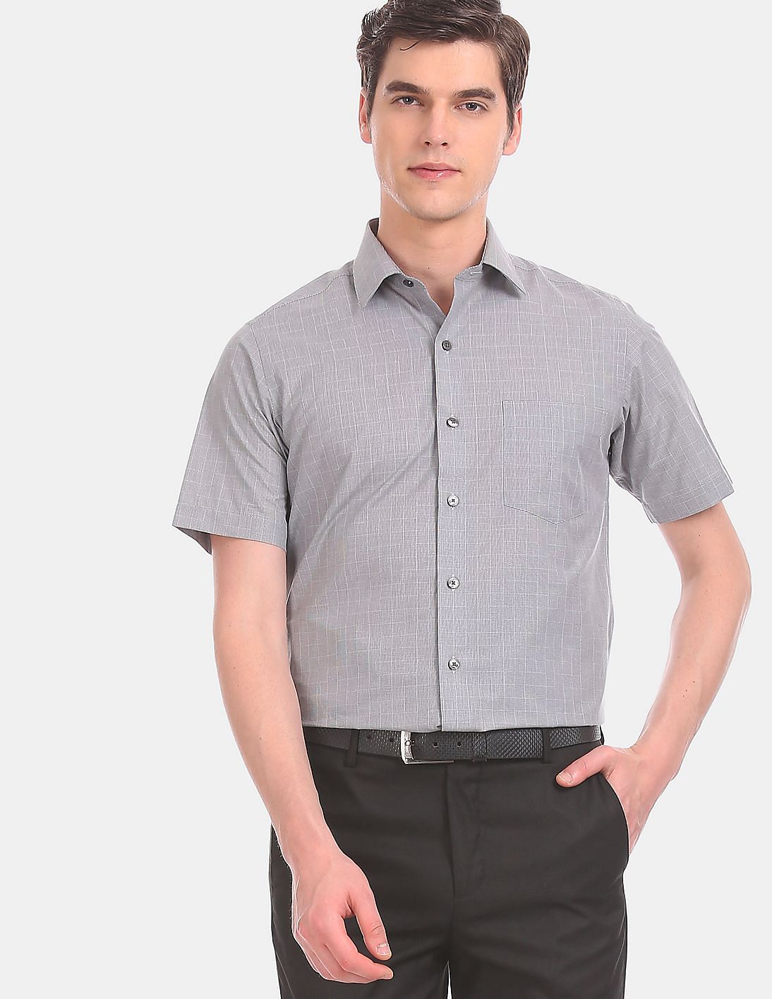 Buy Arrow Grey Short Sleeve Tonal Check Formal Shirt - NNNOW.com
