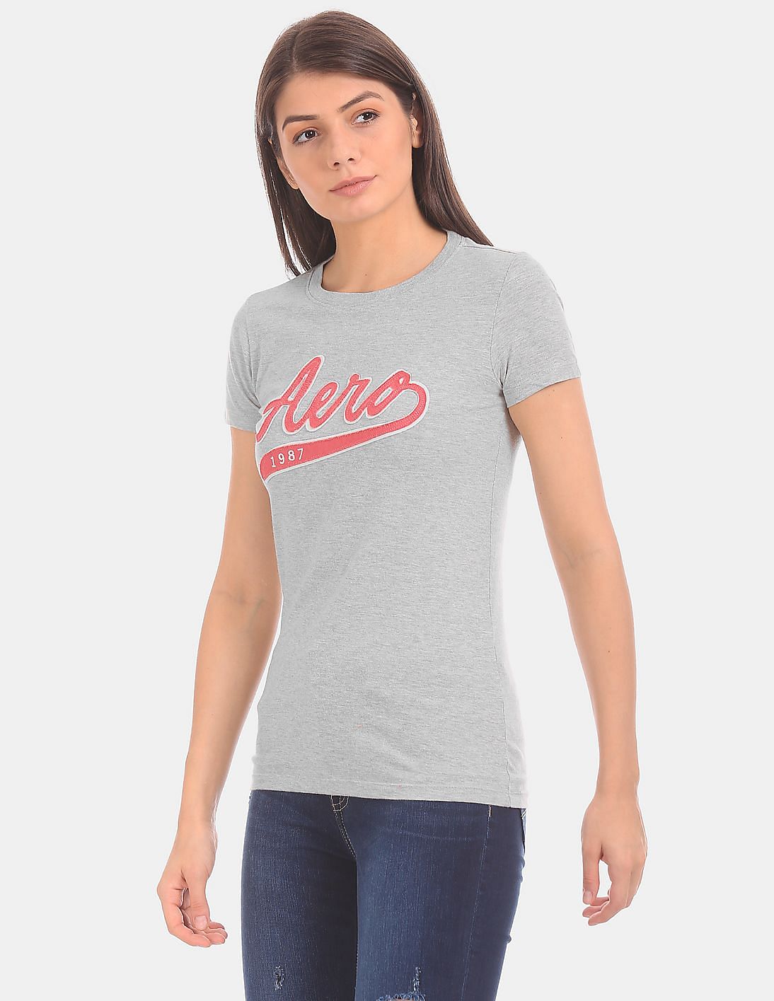 Buy Aeropostale Women Light Heather Grey Crew Neck Brand Applique