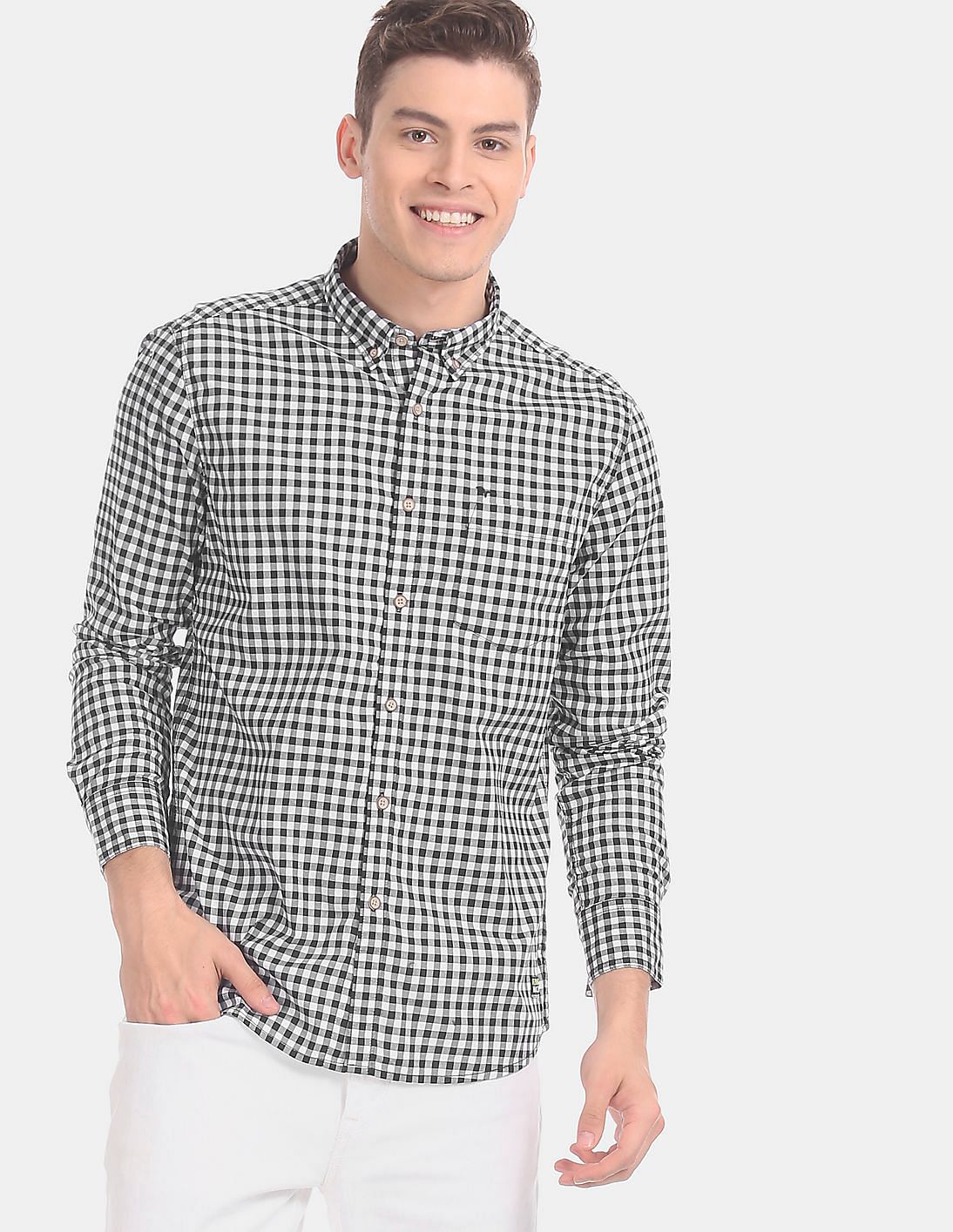 Buy Flying Machine Men Black And White Button Down Collar Gingham ...