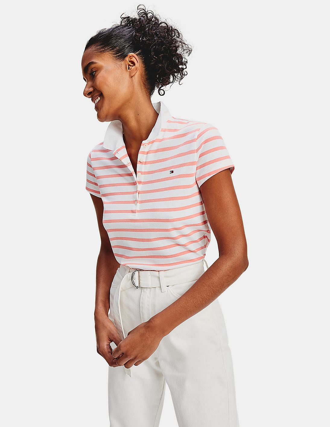 売れ筋商品|||トミー ヒルフィガー カットソー トップス レディース Women's Striped Short-Sleeve Polo Shirt Peony/bright White Buy Tommy Hilfiger Women White And Pink Slim Fit Striped