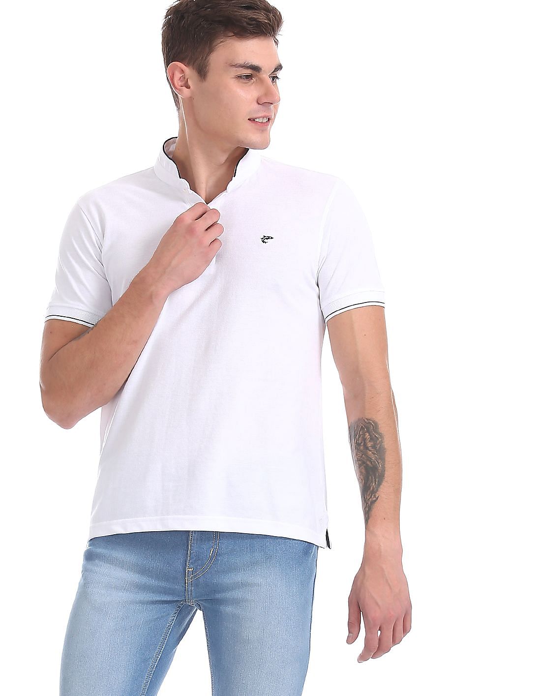 White Mandarin Collar Pique Polo Shirt 