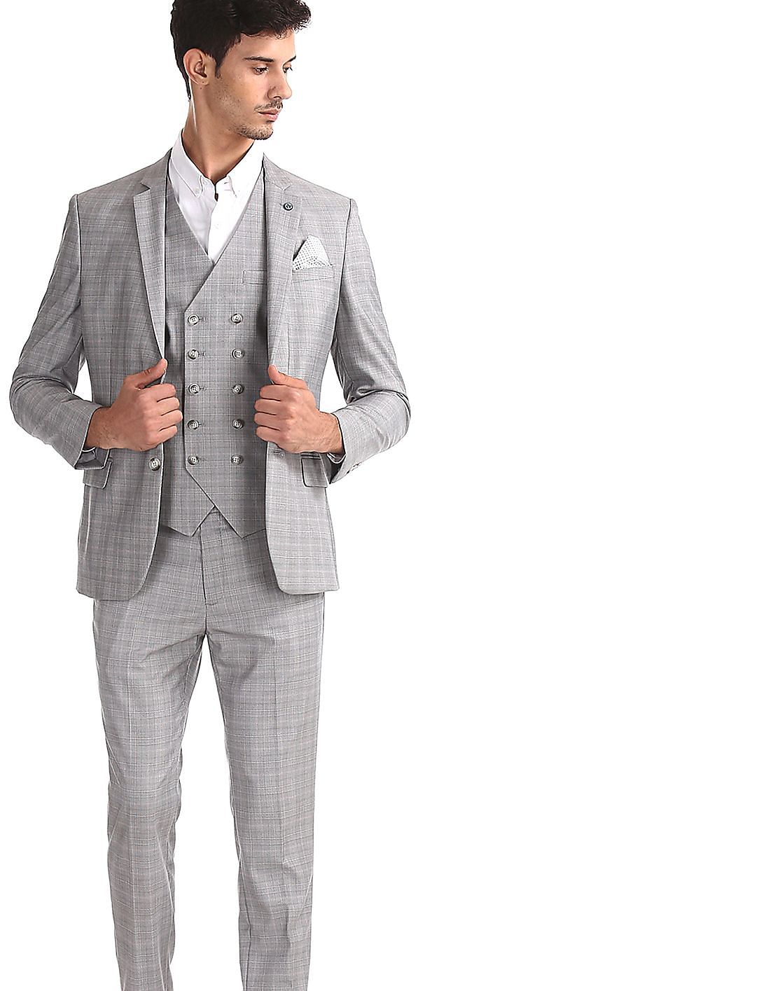 Buy Men Grey Patterned Check Three Piece Suit online at NNNOW.com