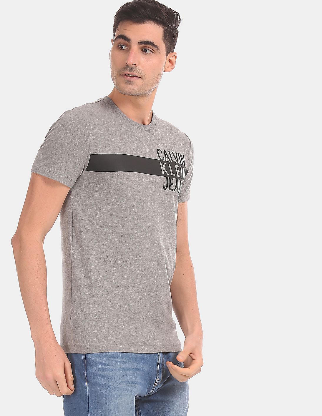 T-Shirt Logo Grey Klein Men Buy Cotton Stripe Stretch Slim Calvin