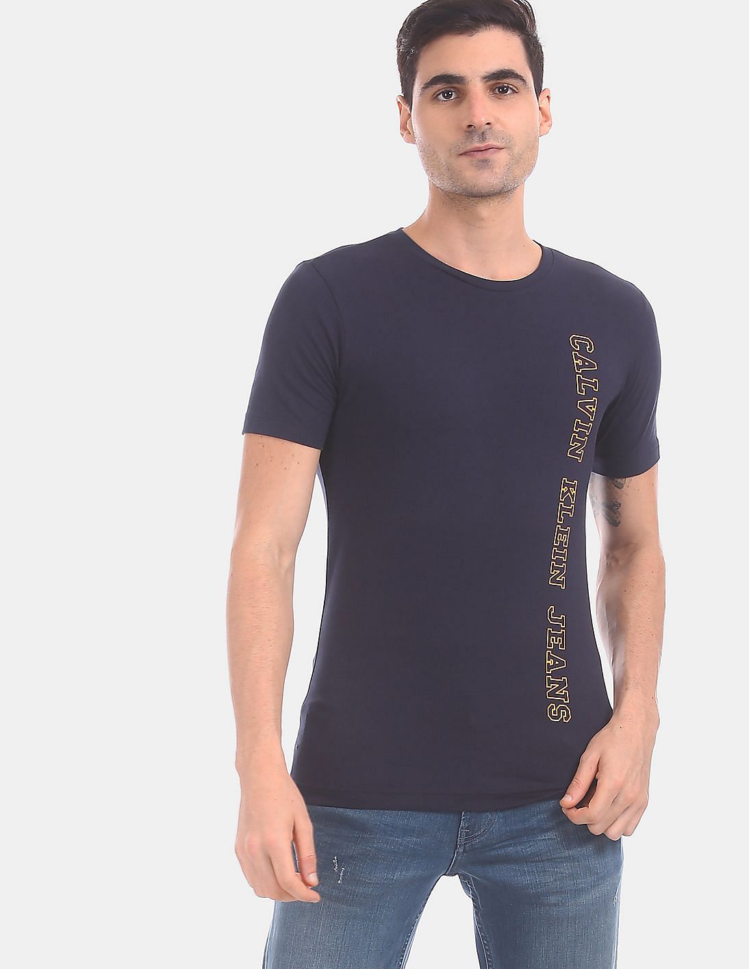 Buy Calvin Klein Men Navy Short Sleeve Vertical Brand Print T-Shirt ...