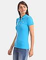 Aeropostale Women Blue Solid Cotton Stretch Pique Polo Shirt