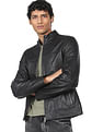 Calvin Klein Men Black Stand Neck Leather Biker Jacket