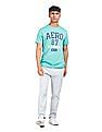 Aeropostale Men Turquoise Ribbed Crew Neck Cotton Brand Print T-Shirt