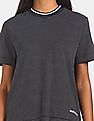 Calvin Klein Women Black Ribbed Round Neck Metallic Striped T-Shirt